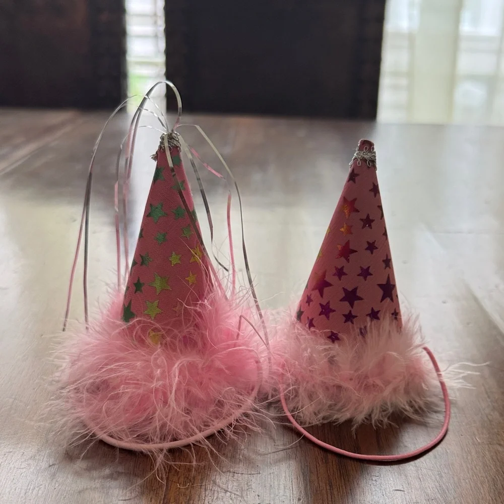 Pink Star Party Hats with Feathers for a Dog Party or Halloween